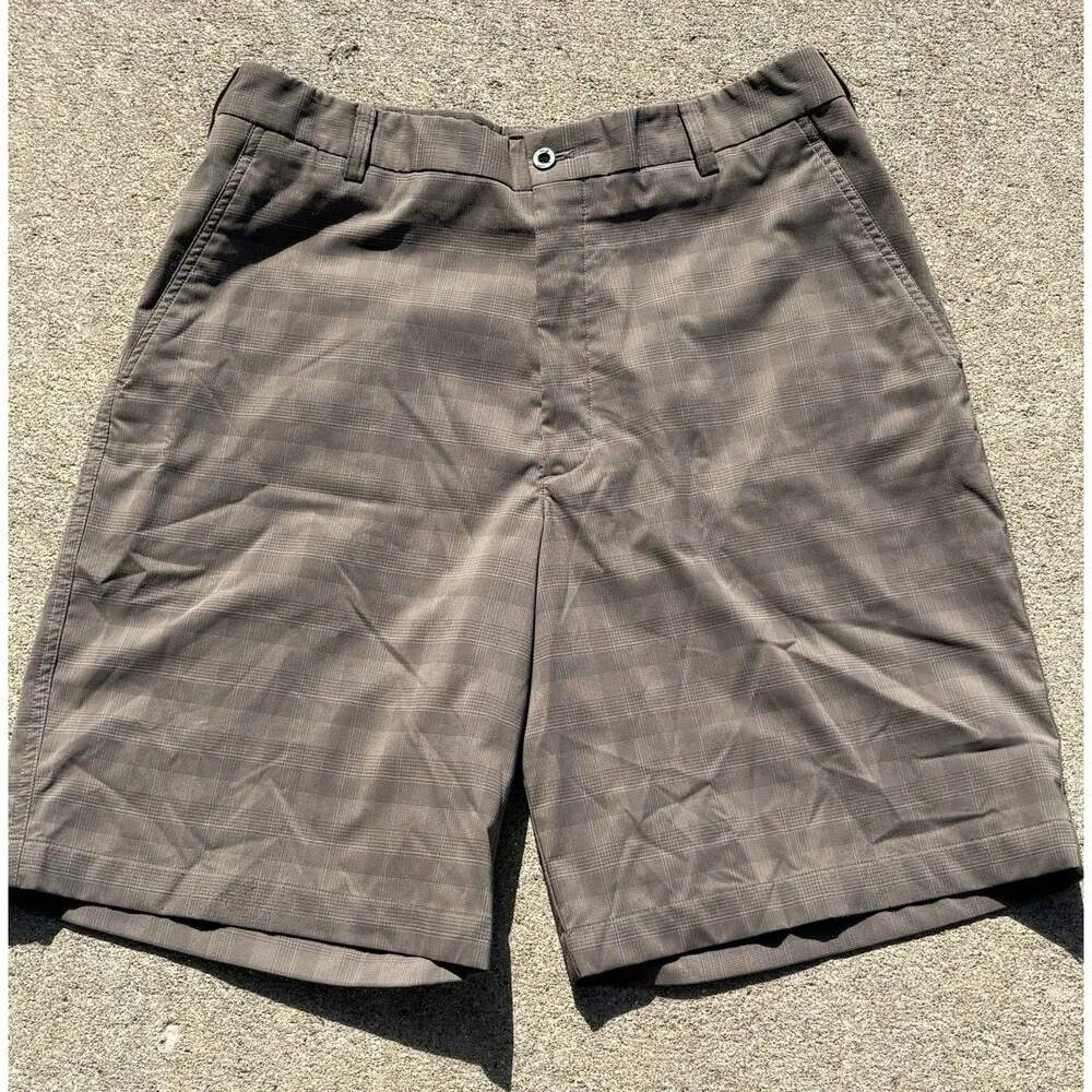 Nike Golf Dri-Fit Shorts Men’s 34x10 Brown Plaid Logo Swoosh Performance